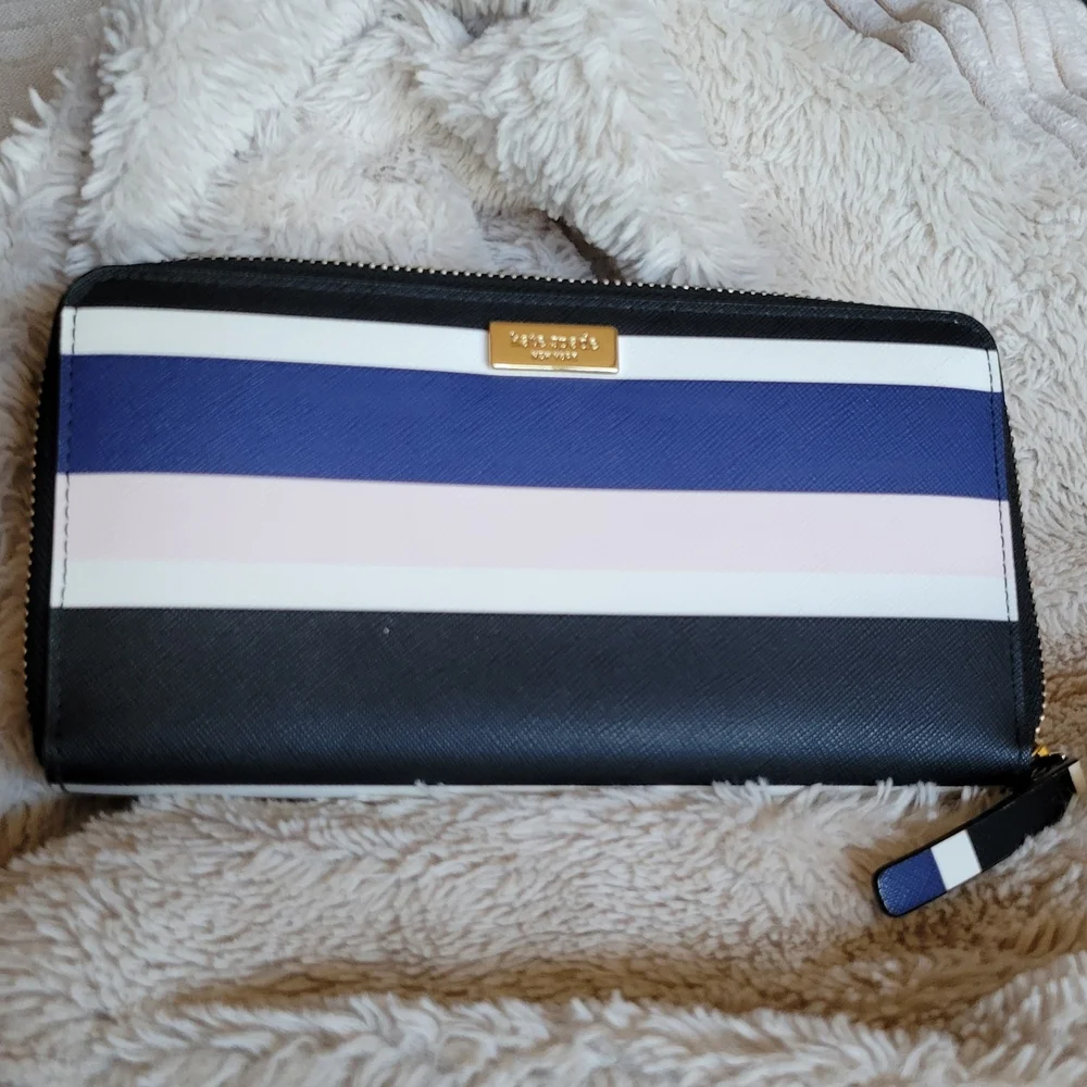 kate spade Black Navy Pink Stripe Zip Around Wallet